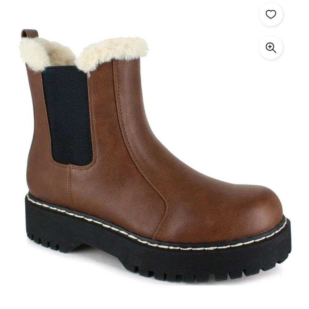 Portland Boot Company Brown Leather Faux‎ Fur Trim Chelsea Ankle Boots Size 8